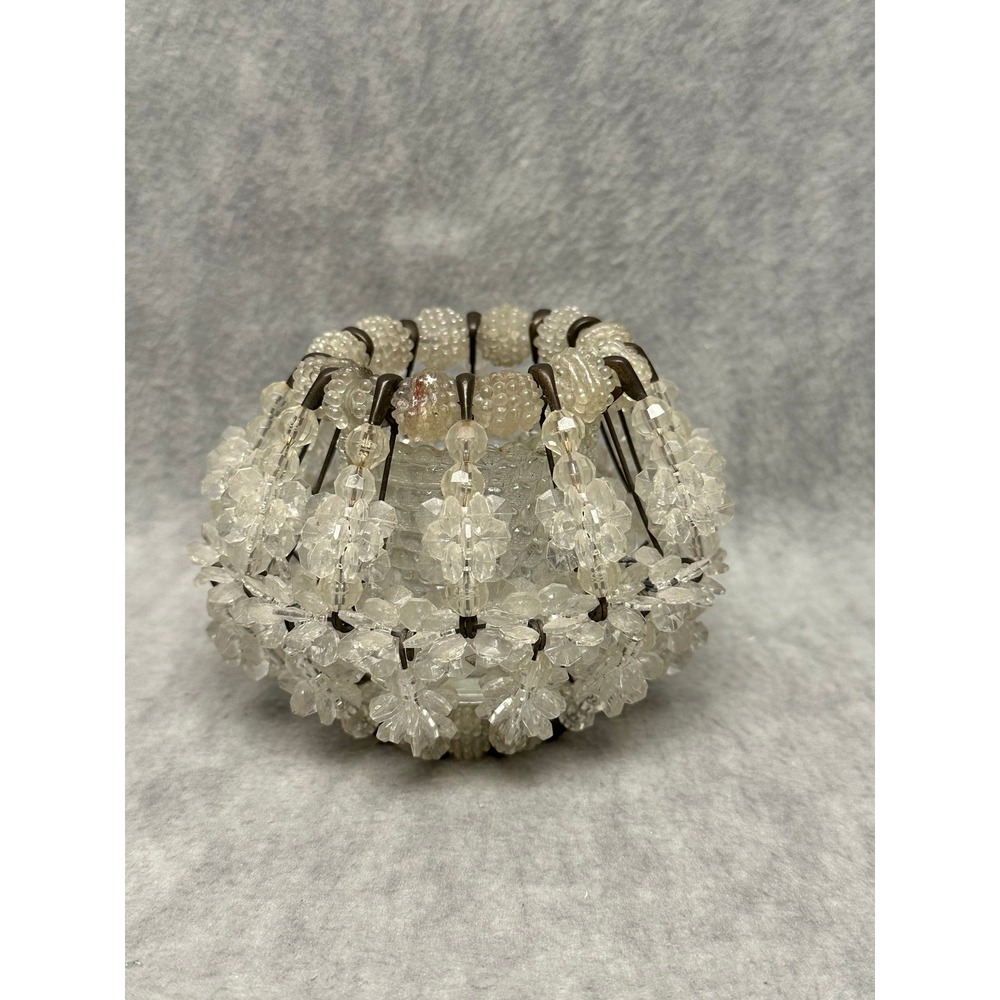Vintage Safety Pin Votive Candle Holder Clear Beaded Folk Art Handcrafted MCM